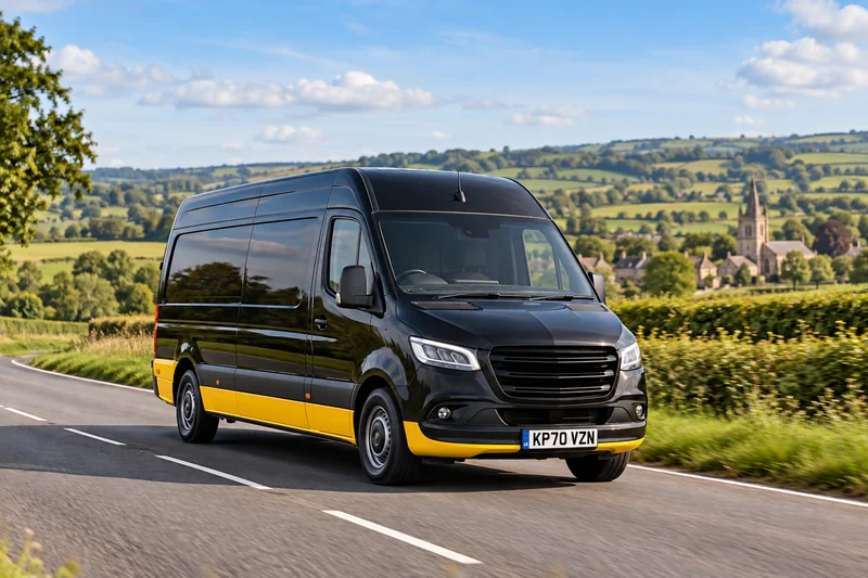 Black and yellow courier van with a UK registration plate on a countryside road